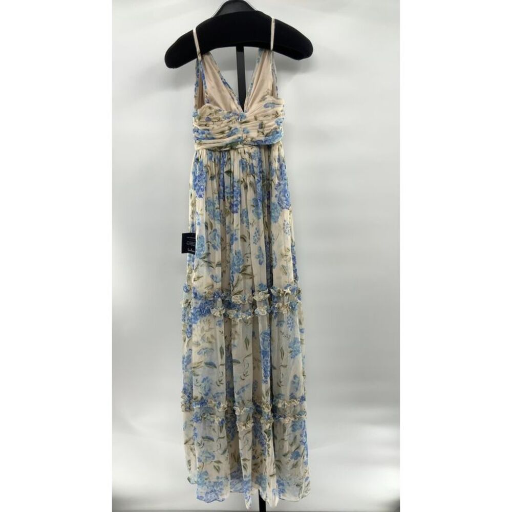 Lulus Women Niora Beige And Blue Floral Pleated Maxi Dress Cream Basic Sleeved M - Picture 2 of 2